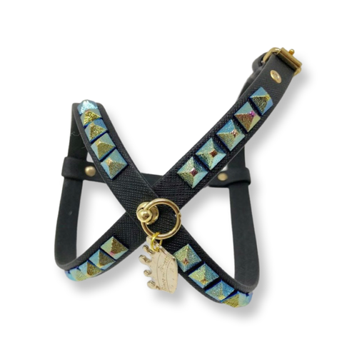 Fashion Dog Harness and Chain Leash Set - Black with Metallic Studs