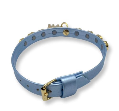 Fashion Collar and Chain Leash Set - Blue with Heart Studs